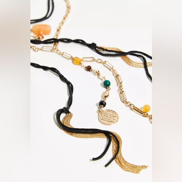 NWT Free People Fire Of Love Layered Necklace Gold/Black Leather combo - Picture 3 of 4